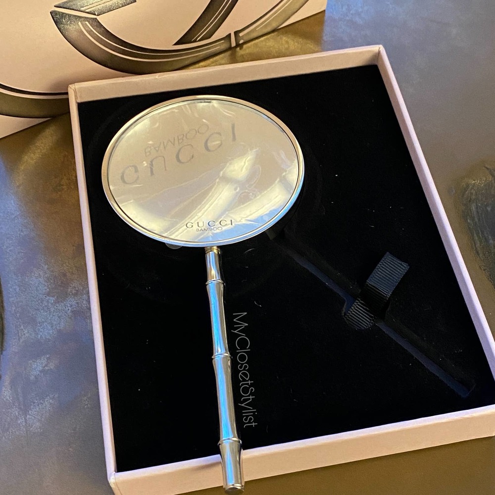 New GUCCI Bamboo Handle Dual + Magnifying Mirrors Rare! Large Silver NEW IN BOX - Picture 5 of 7